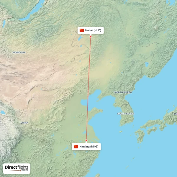 Hailar - Nanjing direct flight map
