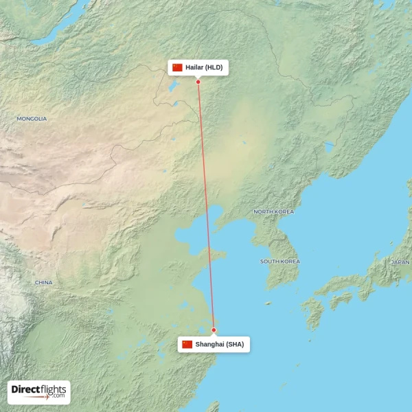 Hailar - Shanghai direct flight map