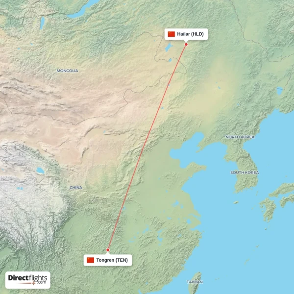 Hailar - Tongren direct flight map