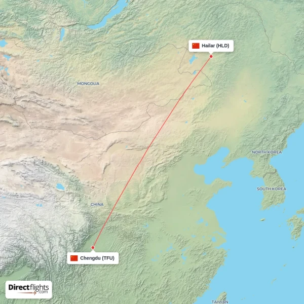 Hailar - Chengdu direct flight map