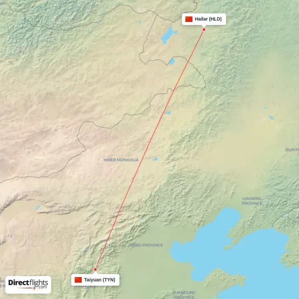 Hailar - Taiyuan direct flight map