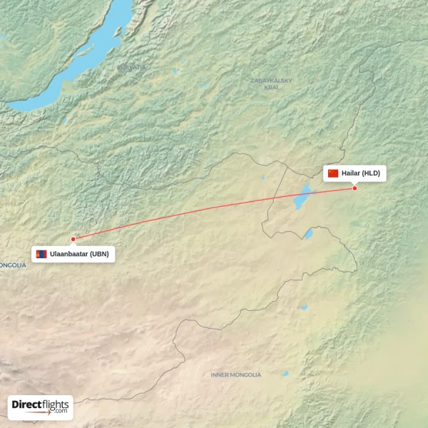 Hailar - Ulaanbaatar direct flight map