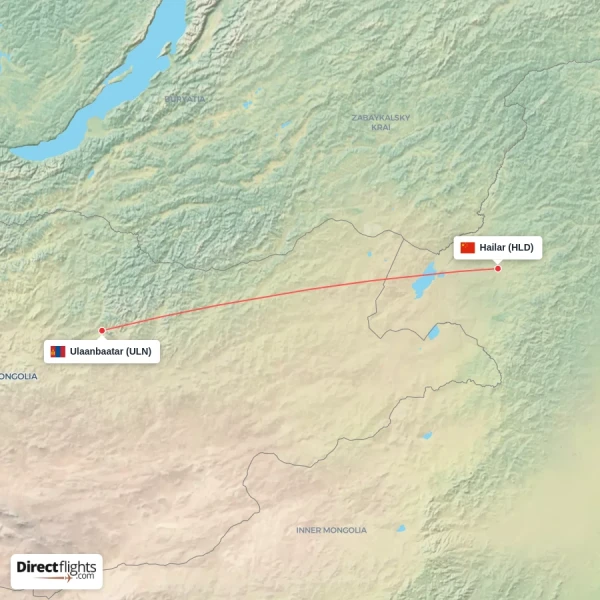 Hailar - Ulaanbaatar direct flight map