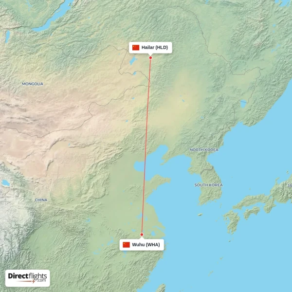 Hailar - Wuhu direct flight map