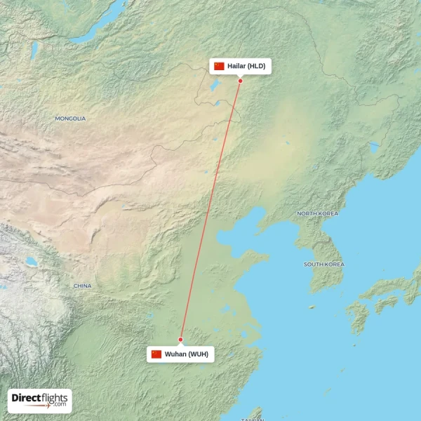Hailar - Wuhan direct flight map