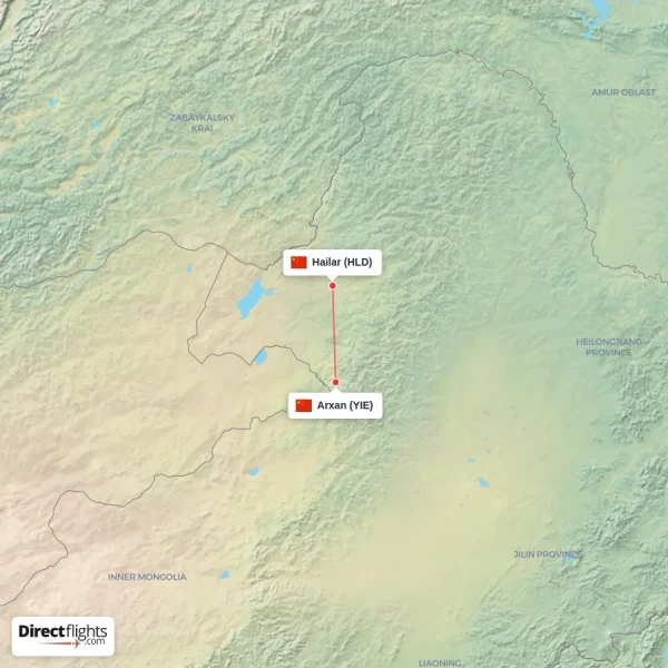 Hailar - Arxan direct flight map