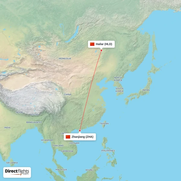 Hailar - Zhanjiang direct flight map