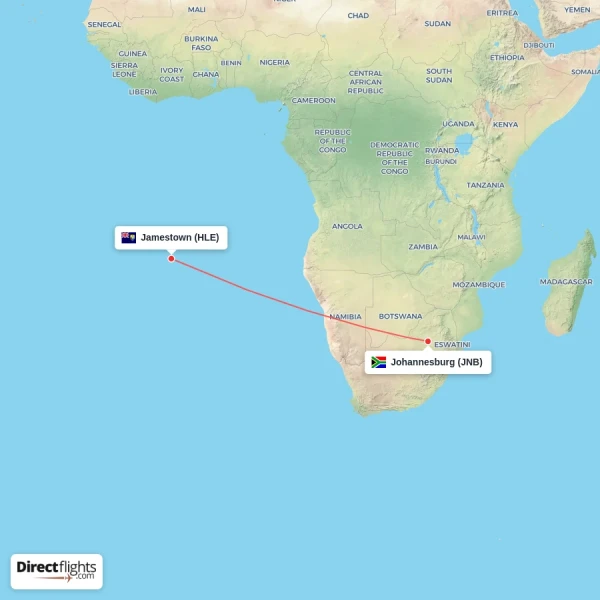 Jamestown - Johannesburg direct flight map