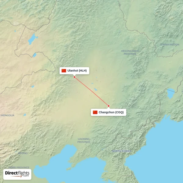 Ulanhot - Changchun direct flight map