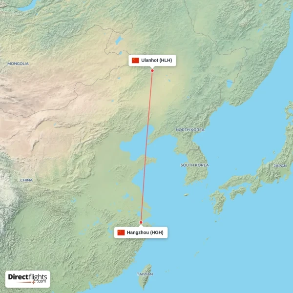 Ulanhot - Hangzhou direct flight map