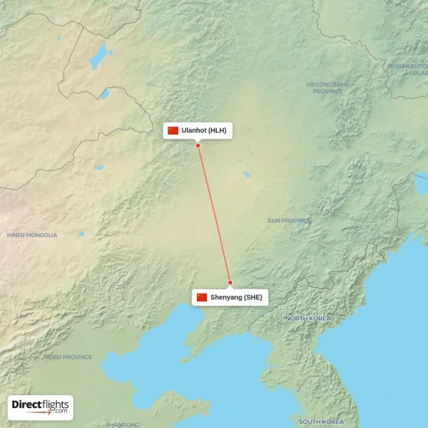Ulanhot - Shenyang direct flight map