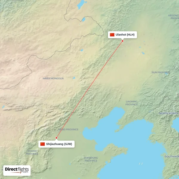 Ulanhot - Shijiazhuang direct flight map
