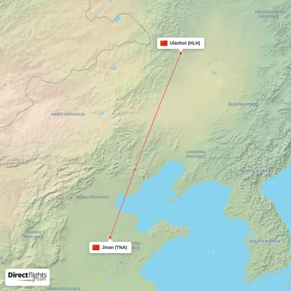 Ulanhot - Jinan direct flight map