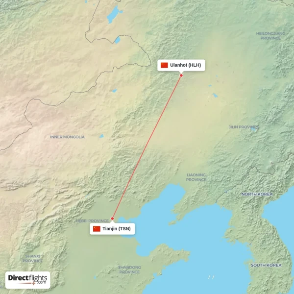 Ulanhot - Tianjin direct flight map