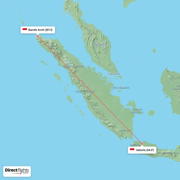 Jakarta - Banda Aceh direct flight map