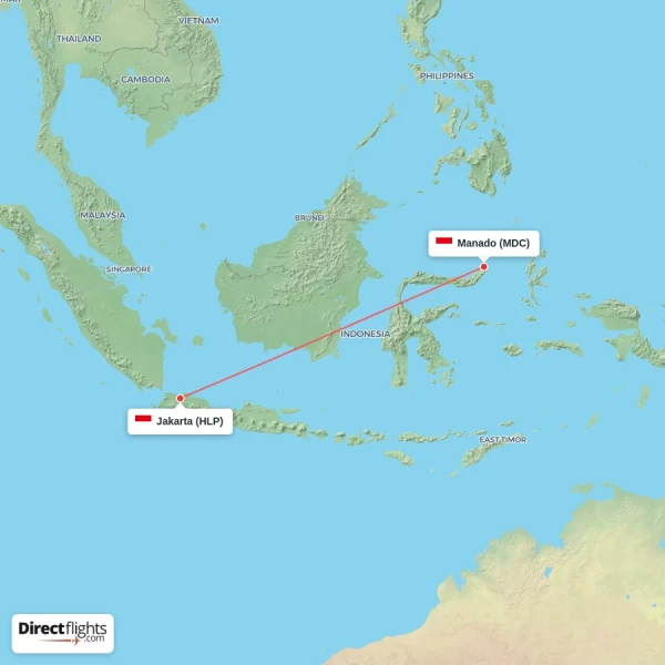 Jakarta - Manado direct flight map