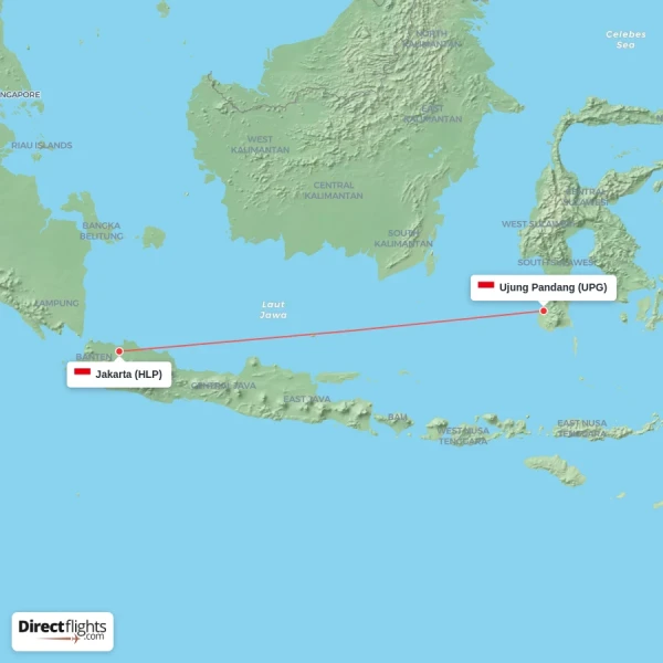 Jakarta - Ujung Pandang direct flight map