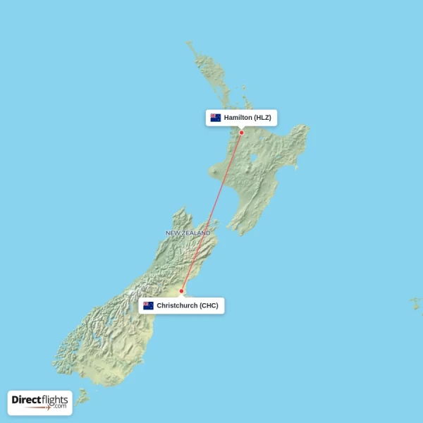 Hamilton - Christchurch direct flight map