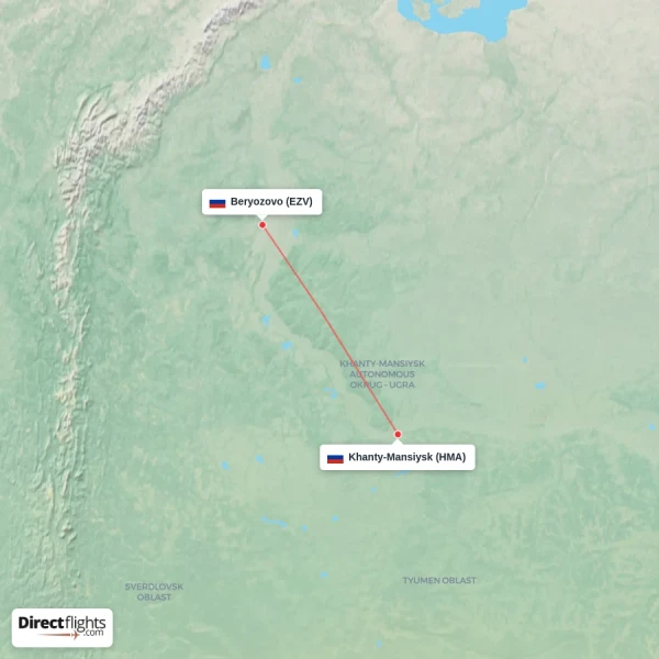 Khanty-Mansiysk - Beryozovo direct flight map