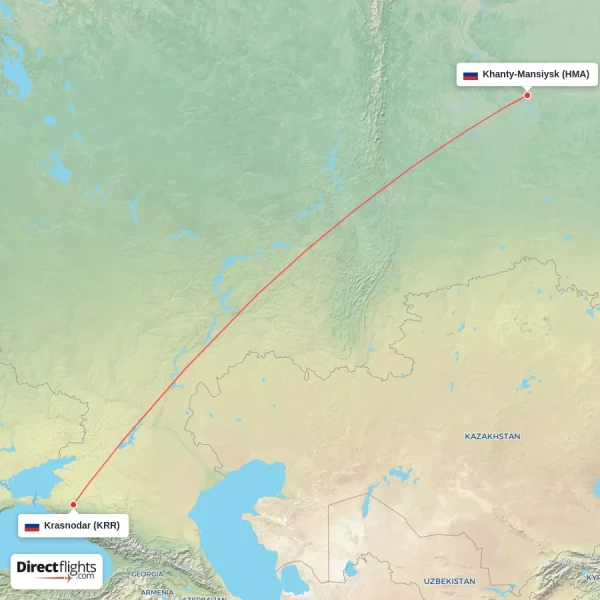 Khanty-Mansiysk - Krasnodar direct flight map
