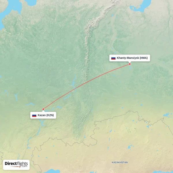 Khanty-Mansiysk - Kazan direct flight map