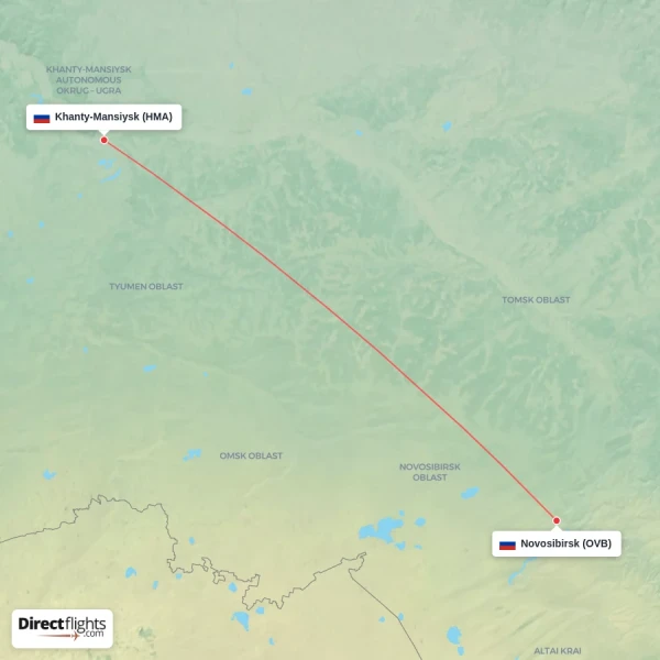 Khanty-Mansiysk - Novosibirsk direct flight map
