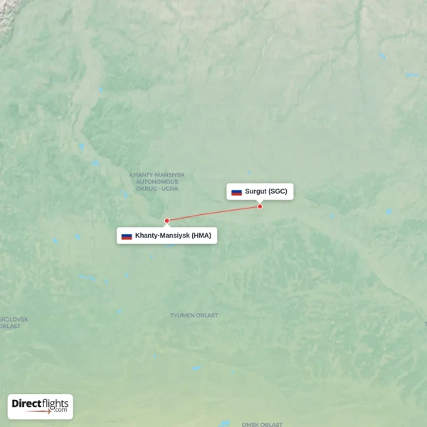 Khanty-Mansiysk - Surgut direct flight map