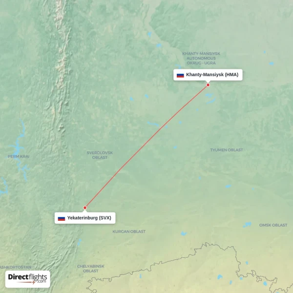Khanty-Mansiysk - Yekaterinburg direct flight map