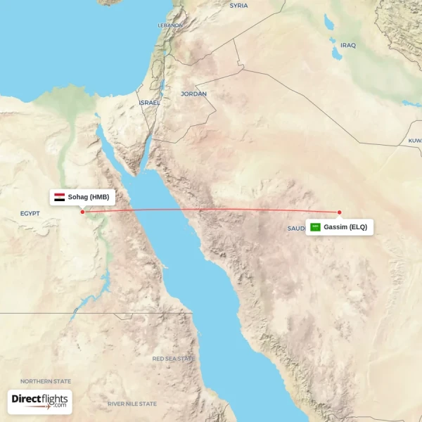 Sohag - Gassim direct flight map