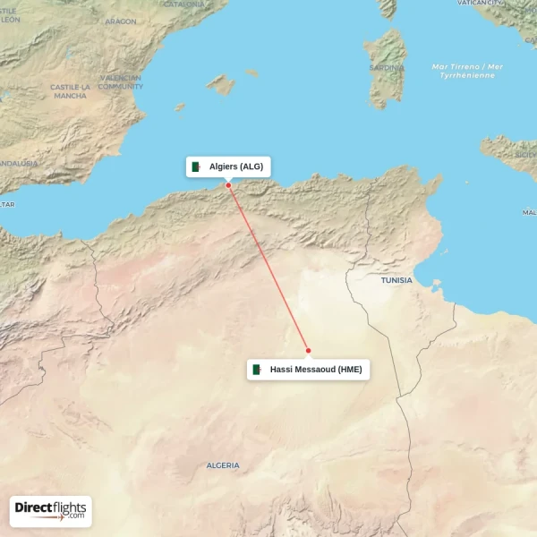 Hassi Messaoud - Algiers direct flight map