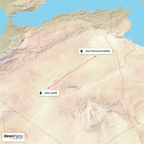 Hassi Messaoud - Adrar direct flight map