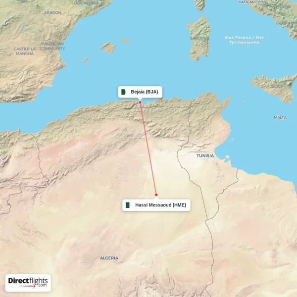 Hassi Messaoud - Bejaia direct flight map