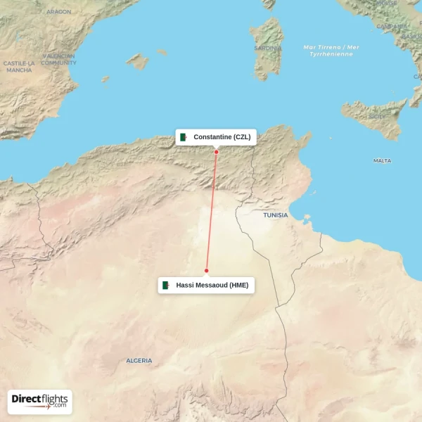 Hassi Messaoud - Constantine direct flight map
