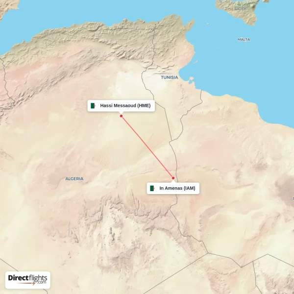 Hassi Messaoud - In Amenas direct flight map