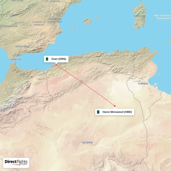 Hassi Messaoud - Oran direct flight map
