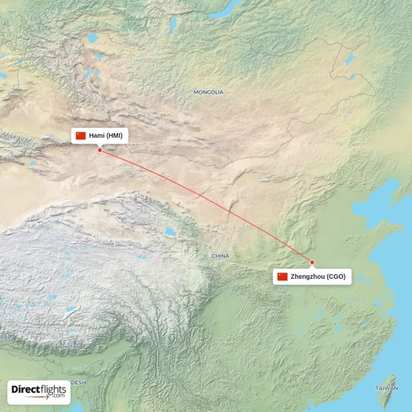 Hami - Zhengzhou direct flight map