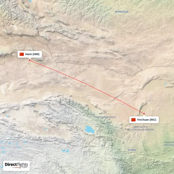 Hami - Yinchuan direct flight map