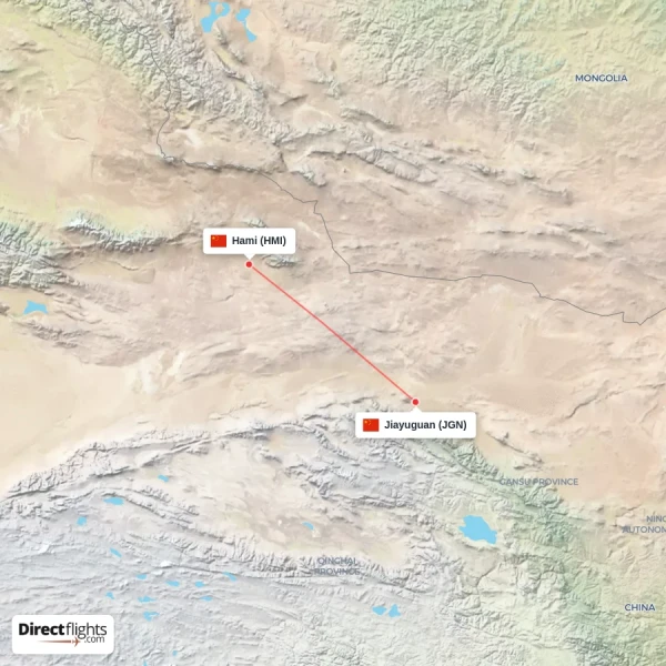 Hami - Jiayuguan direct flight map