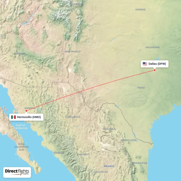 Hermosillo - Dallas direct flight map