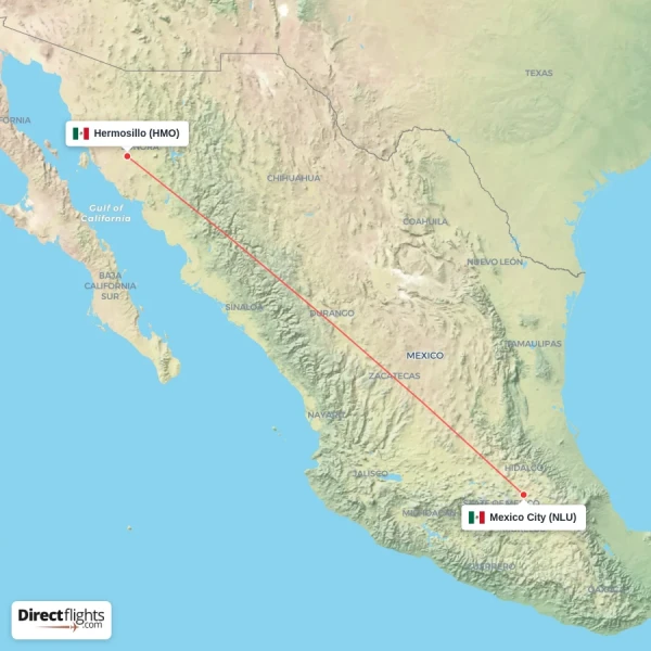 Hermosillo - Mexico City direct flight map