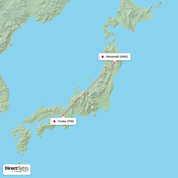 Hanamaki - Osaka direct flight map