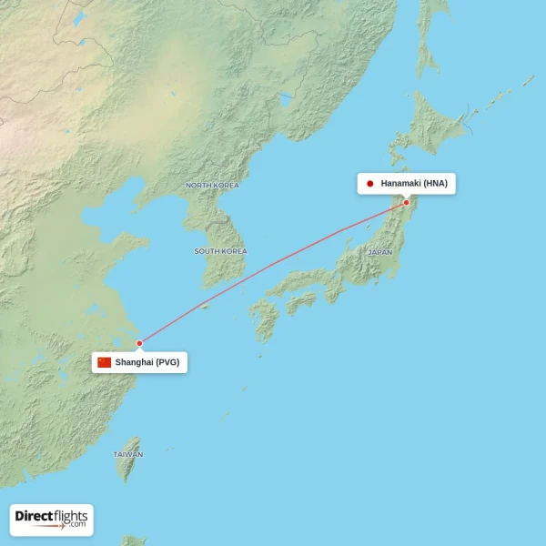 Hanamaki - Shanghai direct flight map