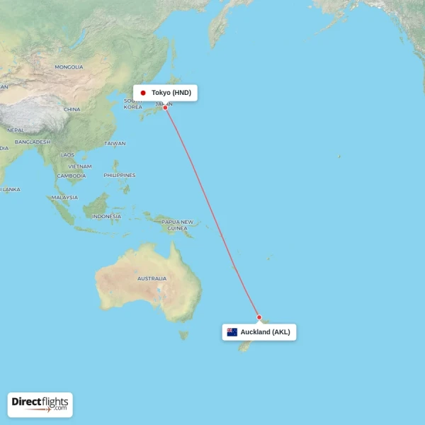 Tokyo - Auckland direct flight map