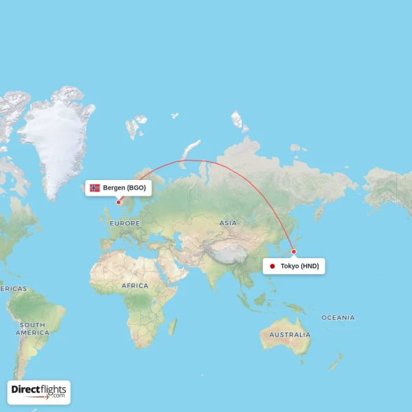 Tokyo - Bergen direct flight map