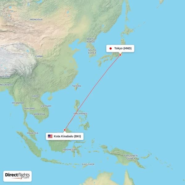 Tokyo - Kota Kinabalu direct flight map