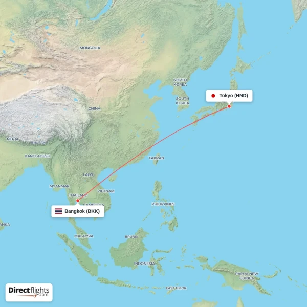 Tokyo - Bangkok direct flight map