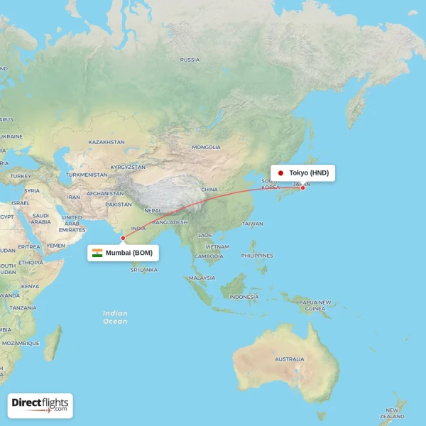 Tokyo - Mumbai direct flight map