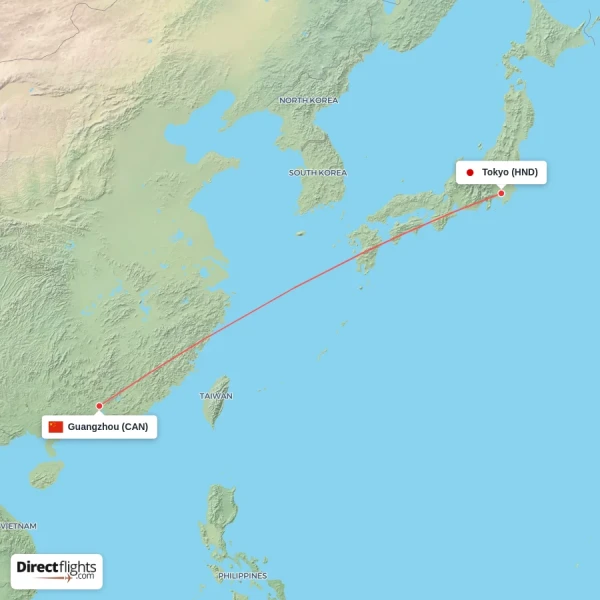 Tokyo - Guangzhou direct flight map