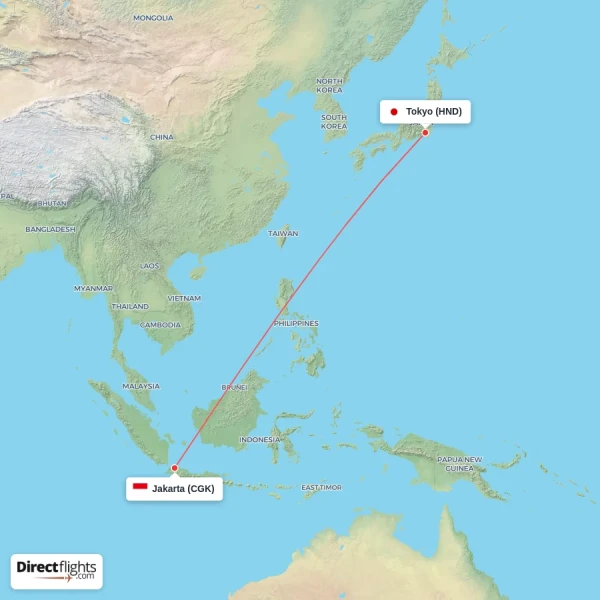 Tokyo - Jakarta direct flight map