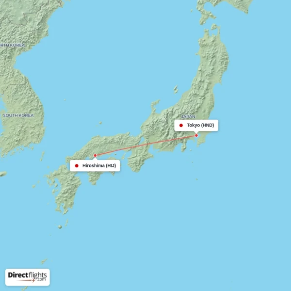 Tokyo - Hiroshima direct flight map
